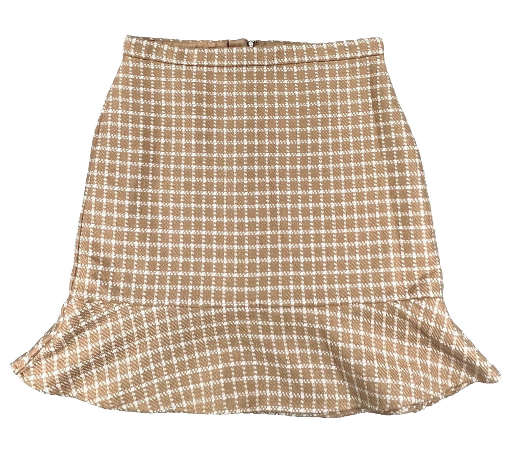Ann Taylor Preppy Tan/Cream White Plaid Skirt (Women's 12P Petite) - Wool Blend